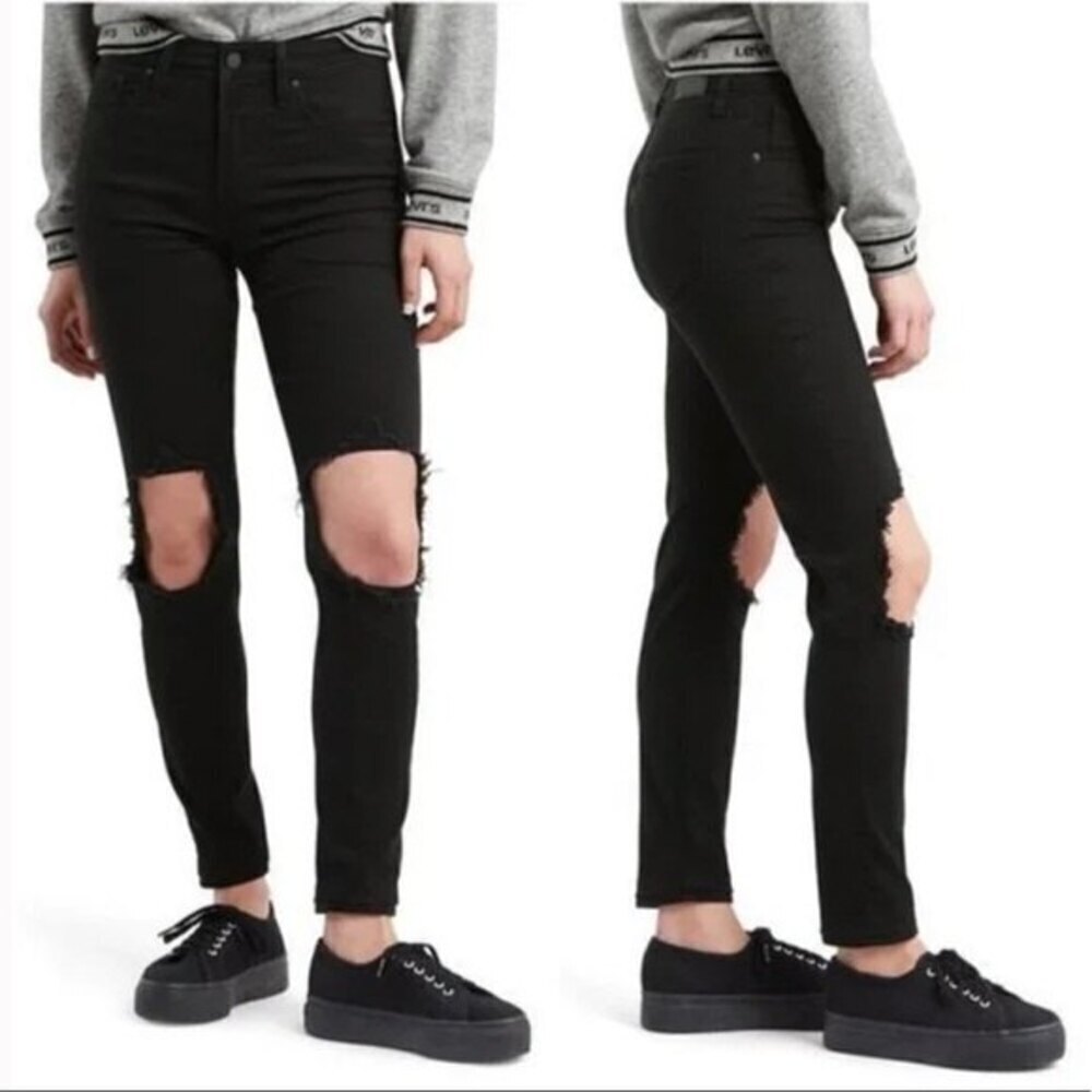 Levi’s 721 High Rise‎ Skinny Ripped Jeans Black Women’s Size 25x30 Distressed